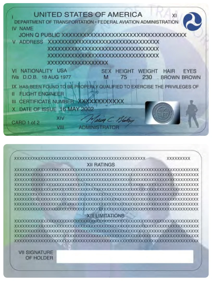 Front side (top) and back side (bottom) of an airman certificate issued by the FAA.