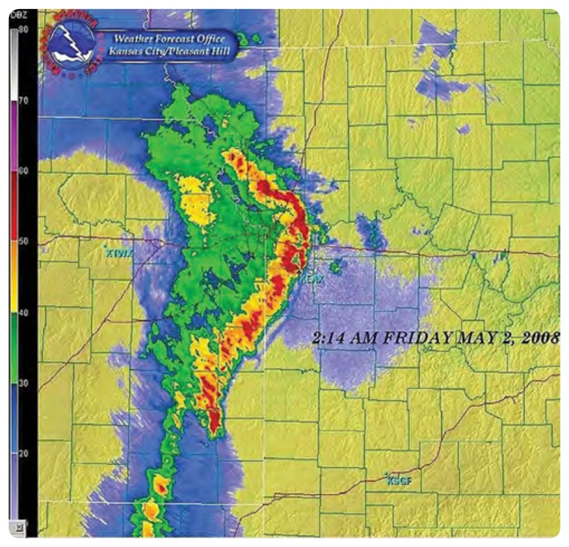 Example of a weather radar scope.