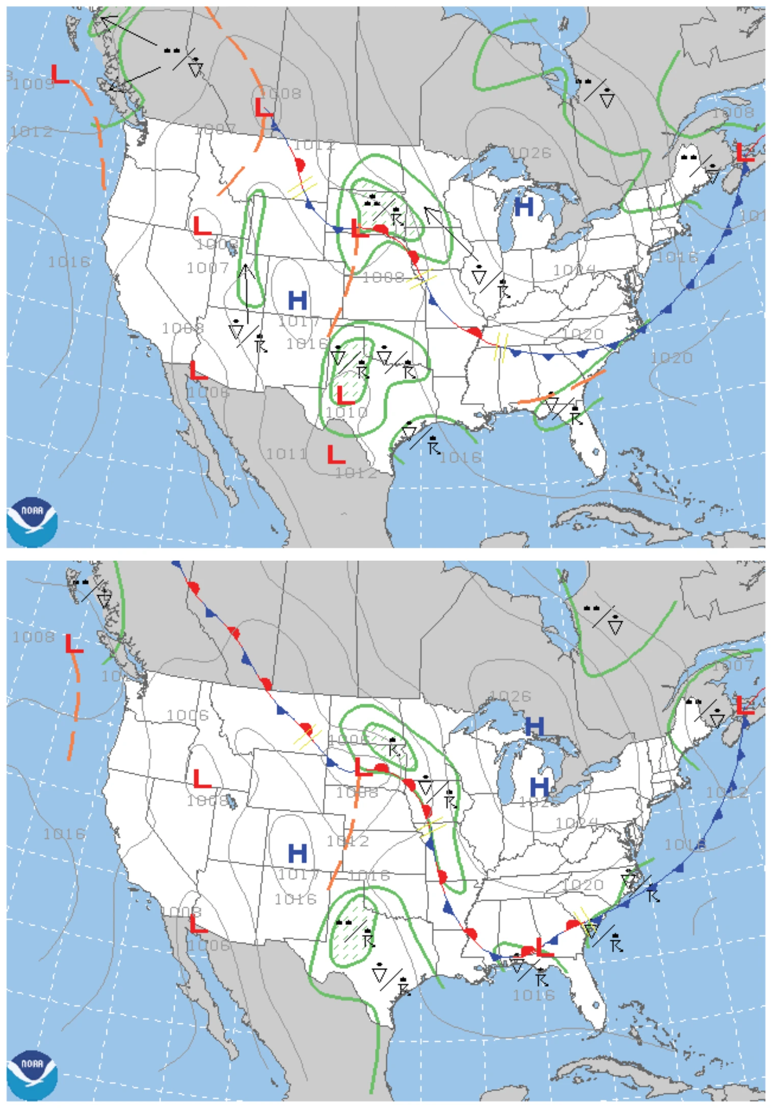 36- (top) and 48-hour (bottom) surface prognostic chart.