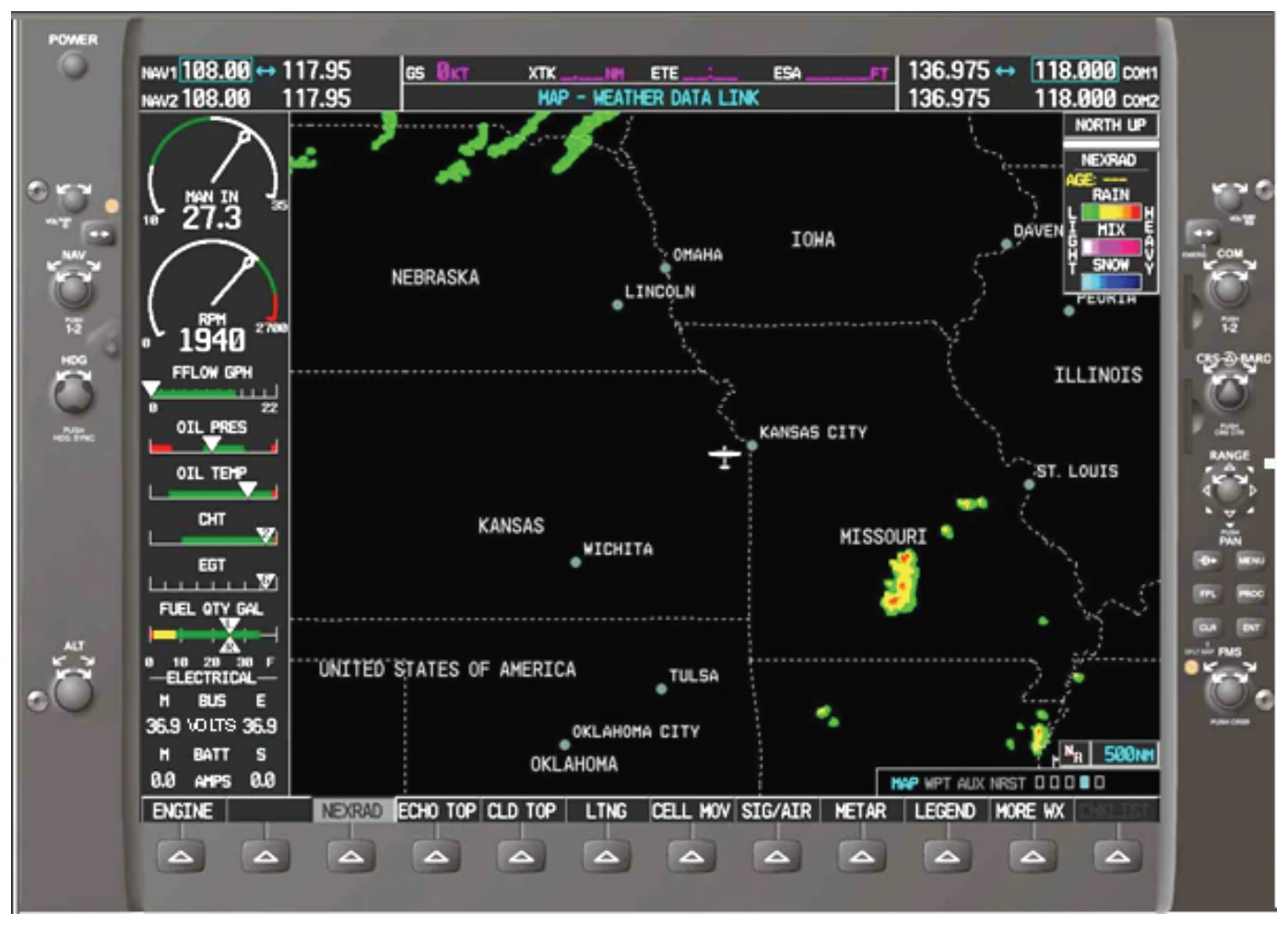 NEXRAD radar display (500 mile range). The individual color gradients can be easily discerned and interpreted via the legend in the upper right corner of the screen. Additional information can be gained by pressing the LEGEND soft key, which displays the legend page.
