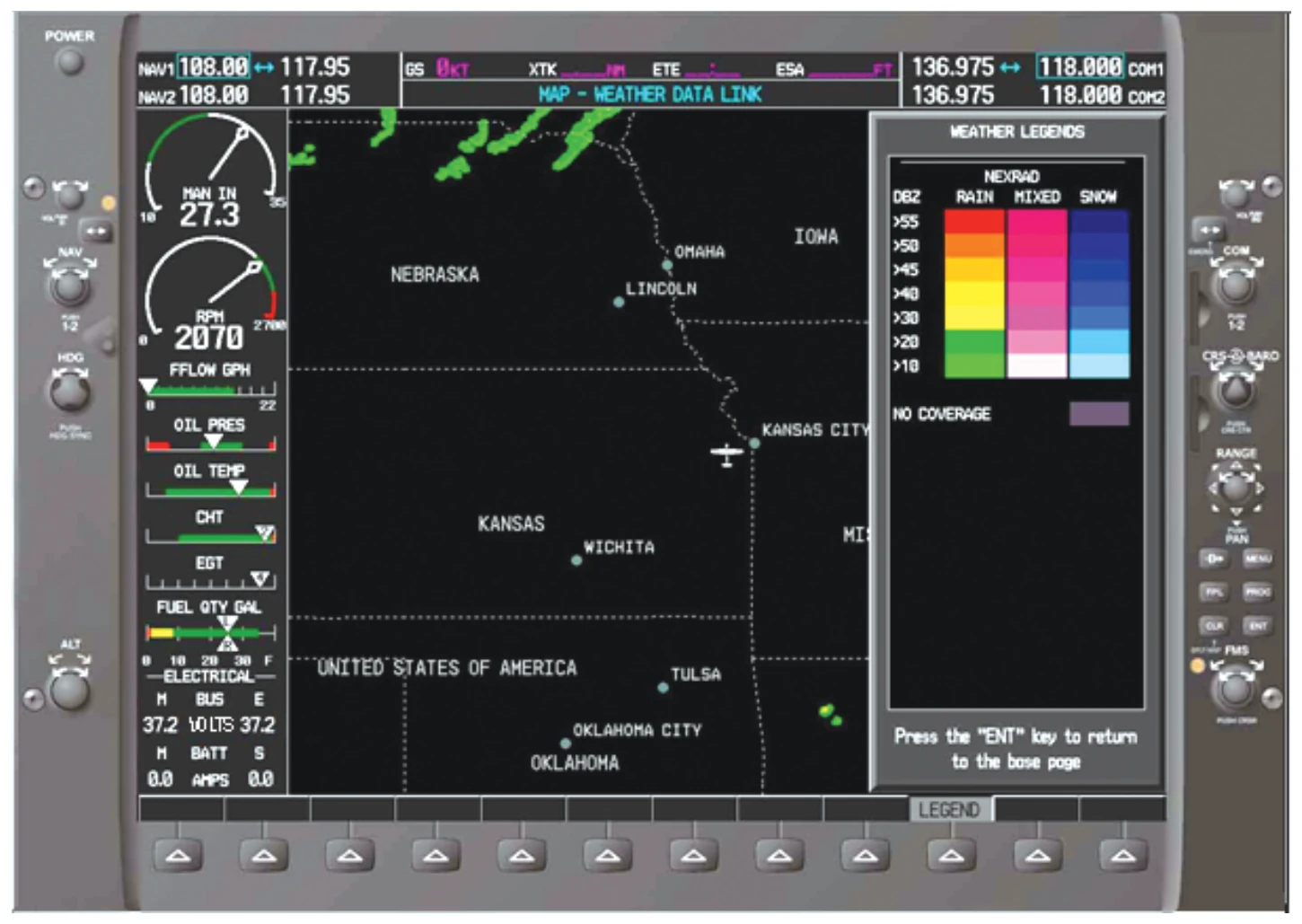 The AIRMET information box instructs the pilot to press the ENTER button soft key (ENT) to gain additional information