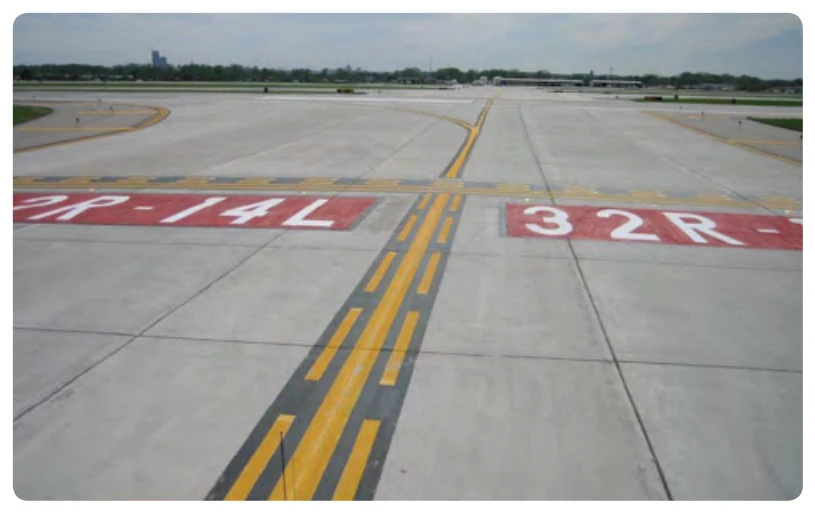Surface painted runway holding position signs for Runway 32R-14L along with the enhanced taxiway centerline marking.