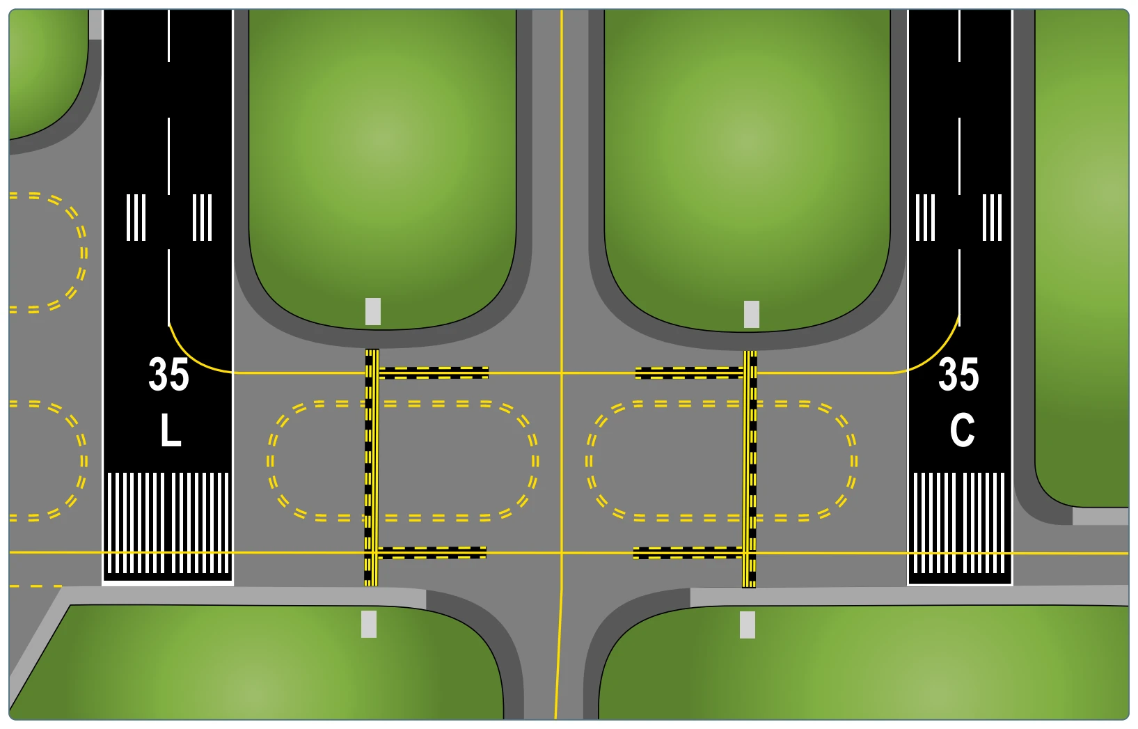 Two of three parallel runways.