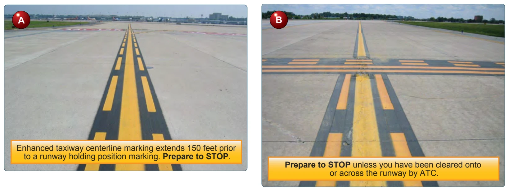 (A) Enhanced taxiway centerline marking. (B) Enhanced taxiway centerline marking and runway holding position marking.