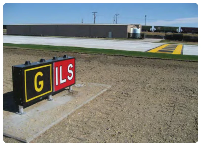 Instrument landing system (ILS) holding position sign and marking on Taxiway Golf.