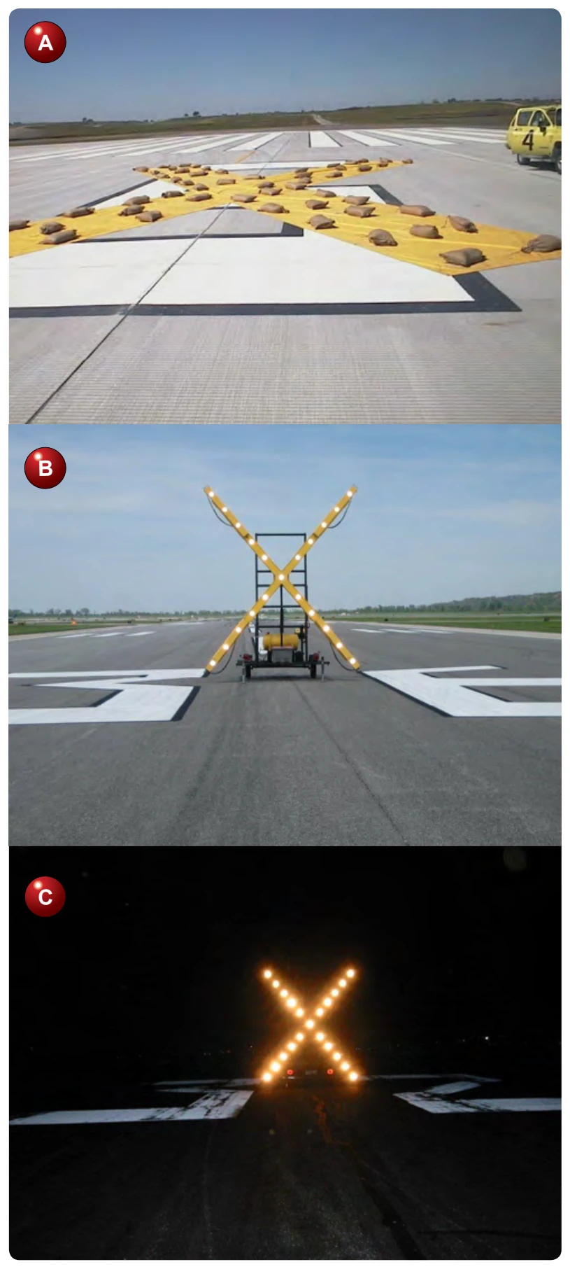 (A) Yellow “X” placed on surface of temporarily closed runways. (B) Lighted “X” placed on temporarily closed runways. (C)Lighted “X” at night showing a temporarily closed runway.