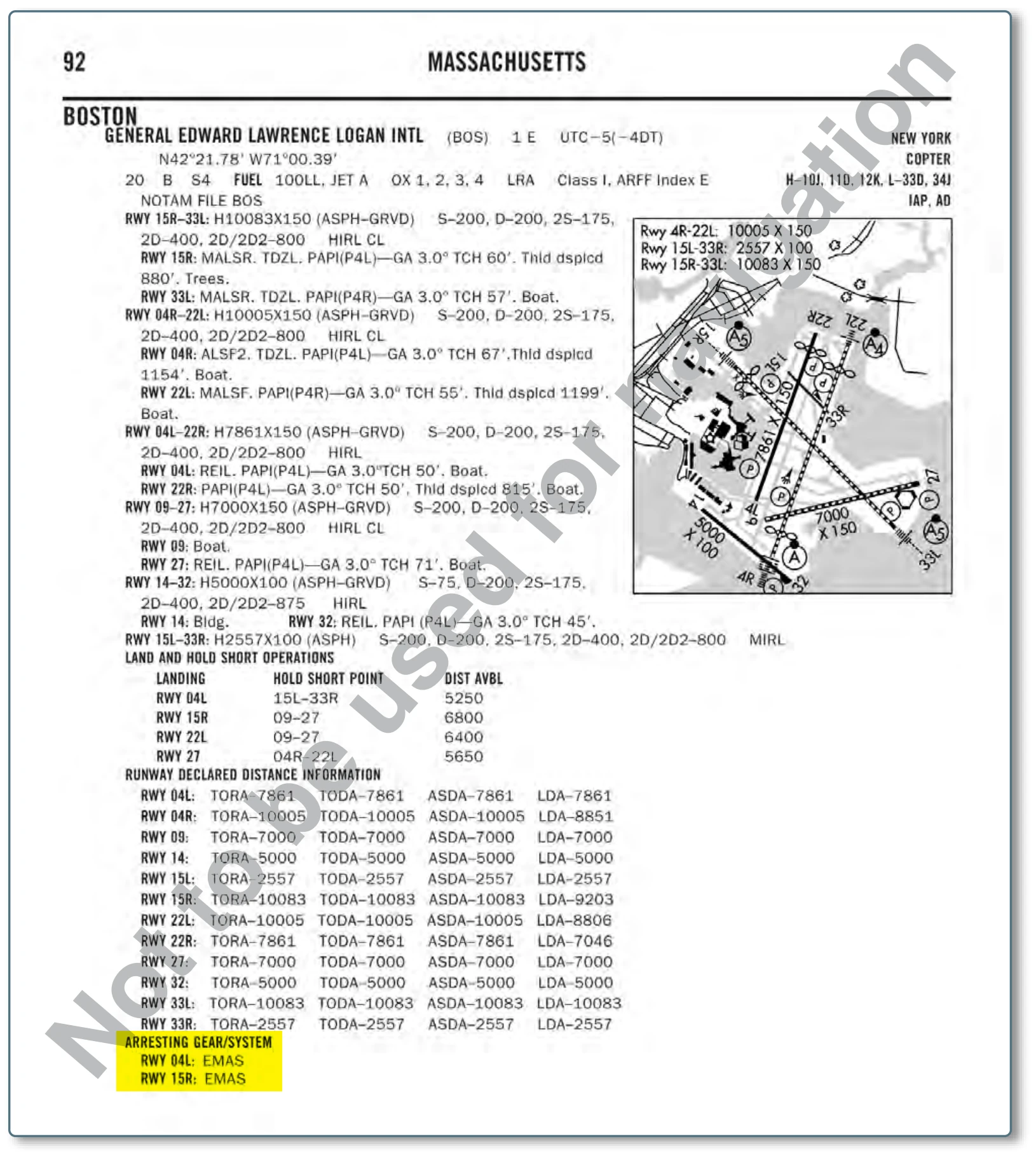 EMAS information for Boston Logan International Airport located in the Chart Supplement U.S. (formerly Airport/ Facility Directory).