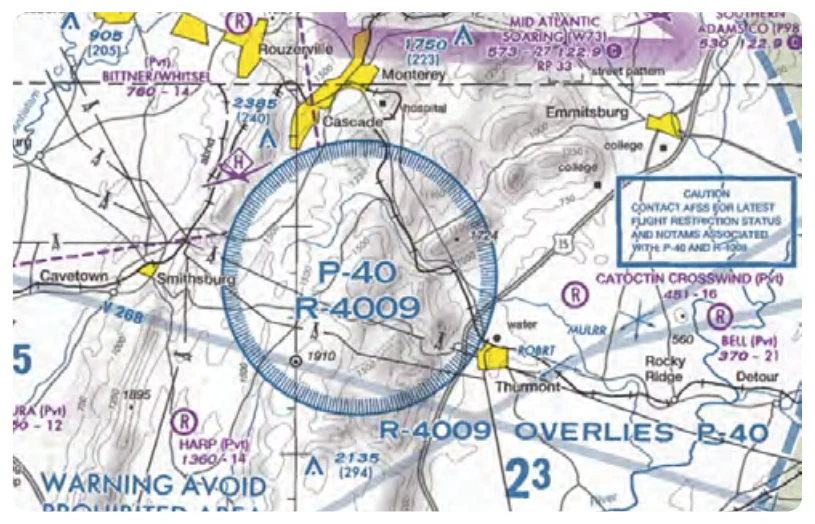 An example of a prohibited area, P-40 around Camp David.