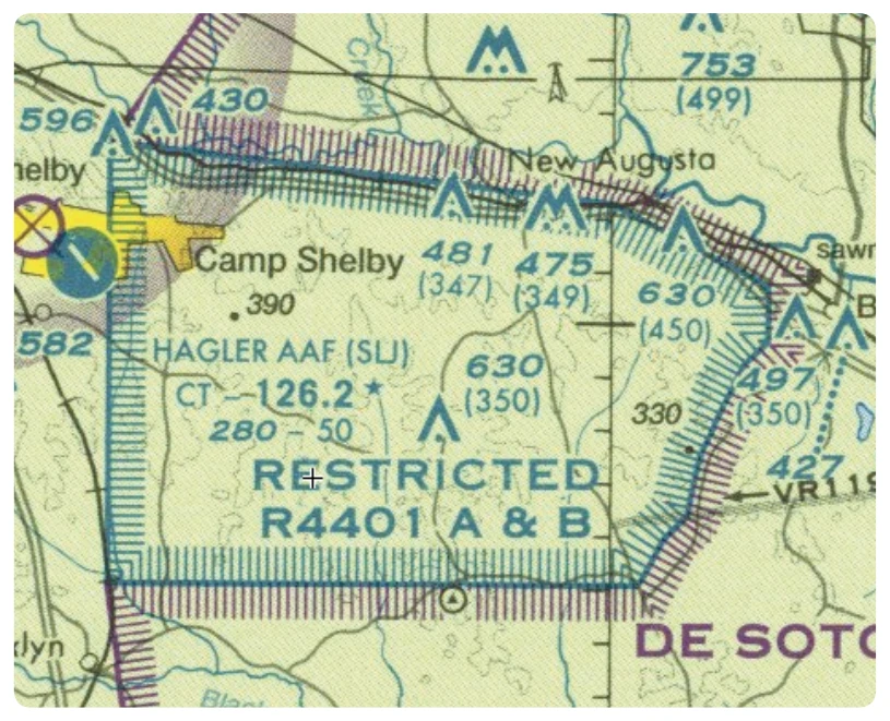 Restricted areas on a sectional chart.