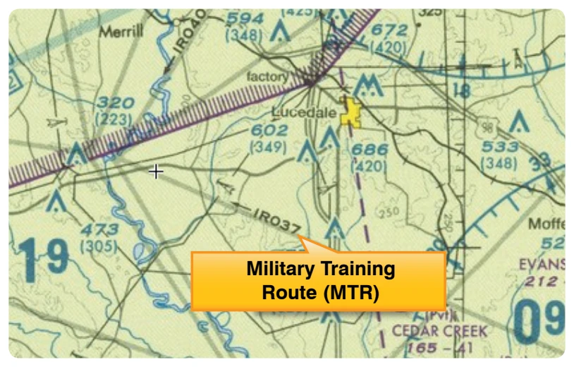 Military training route (MTR) chart symbols.