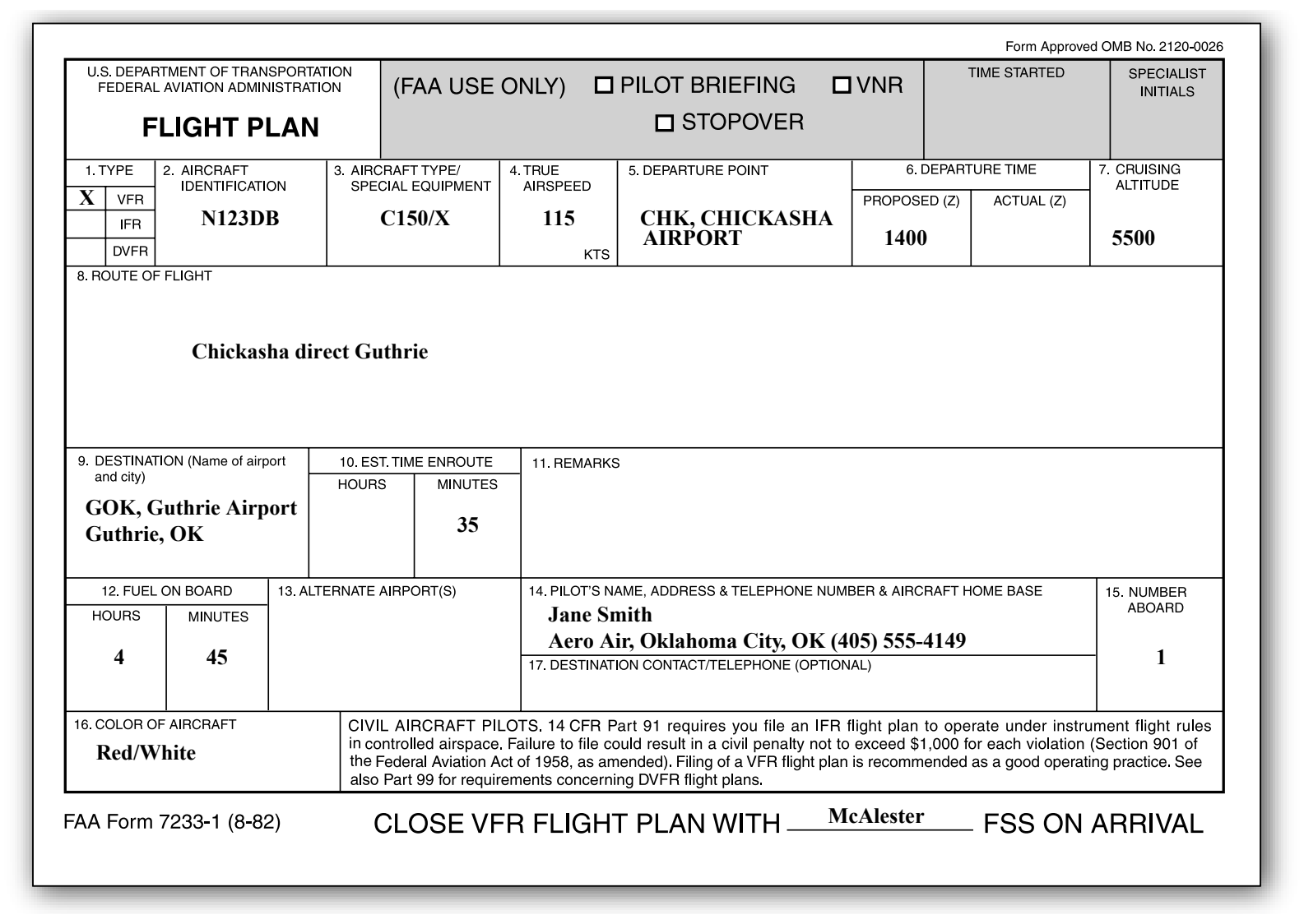 Domestic flight plan form.