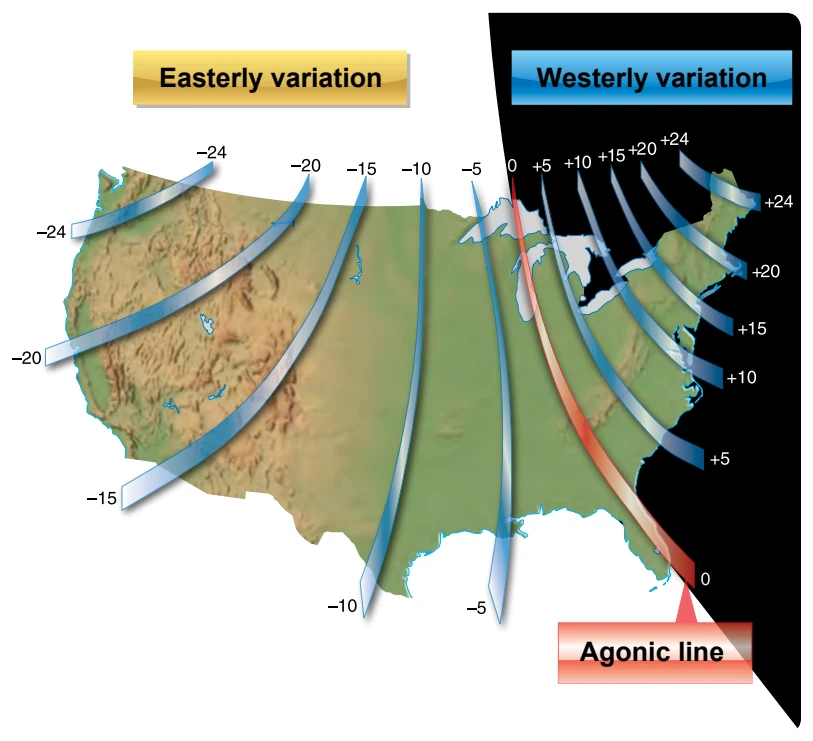 Note the agonic line where magnetic variation is zero.