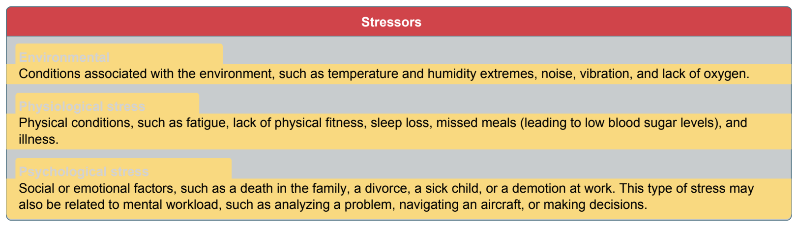 System stressors. Environmental, physiological, and psychological stress are factors that affect decision-making skills. These stressors have a profound impact especially during periods of high workload.