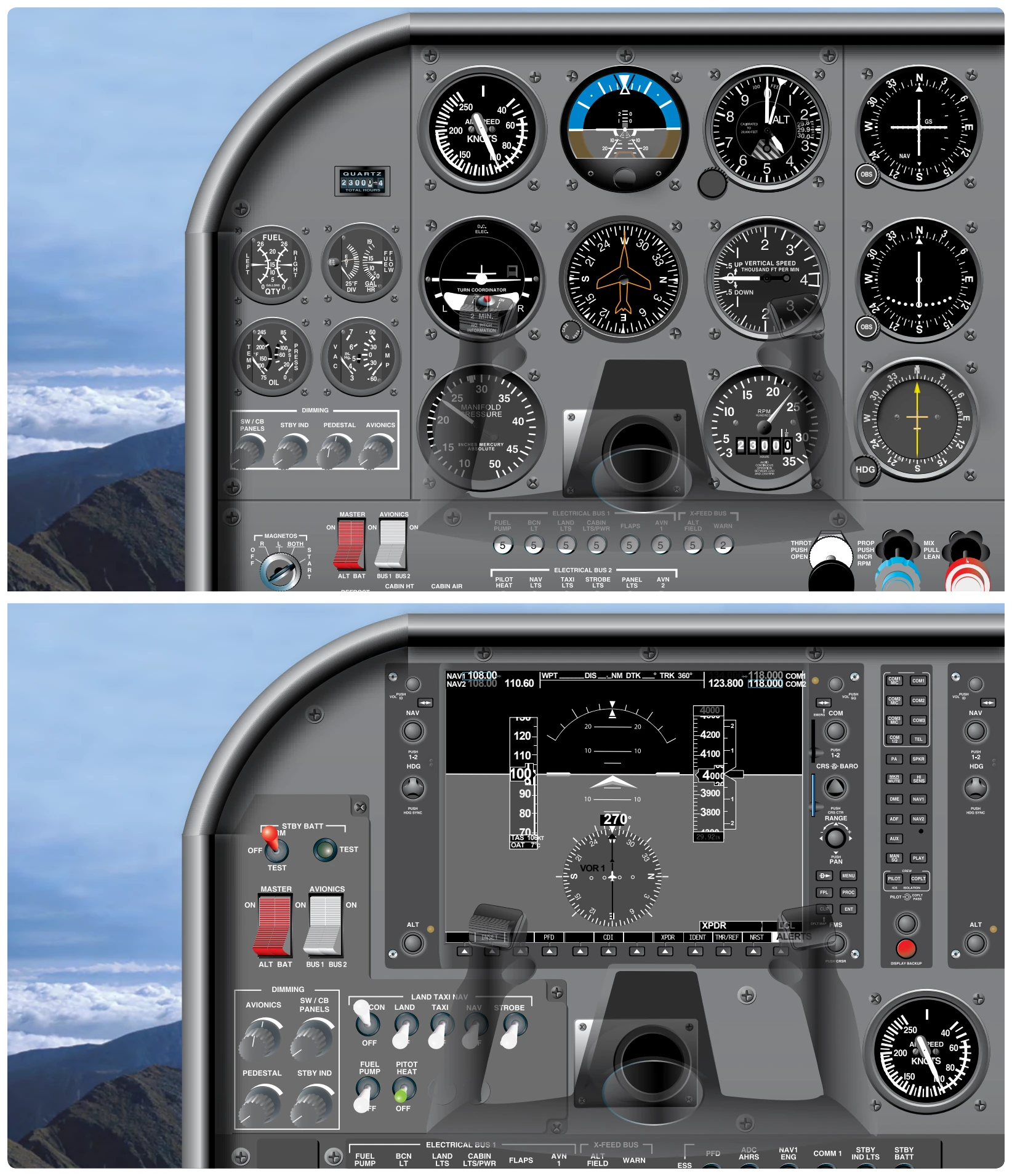 Two similar flight decks equipped with the same information two different ways, analog and digital. What are they indicating? Chances are that the analog pilot will review the top display before the bottom display. Conversely, the digitally trained pilot will review the instrument panel on the bottom first.