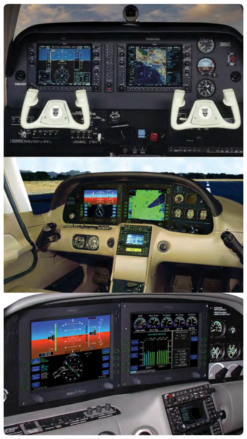 Examples of different platforms. Top to bottom are the Beechcraft Baron G58, Cirrus SR22, and Cirrus Entega.