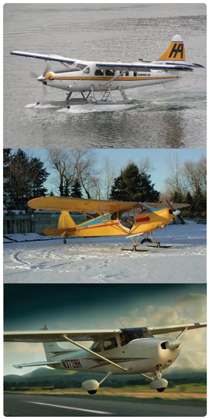 Types of landing gear: floats (top), skis (middle), and wheels (bottom).