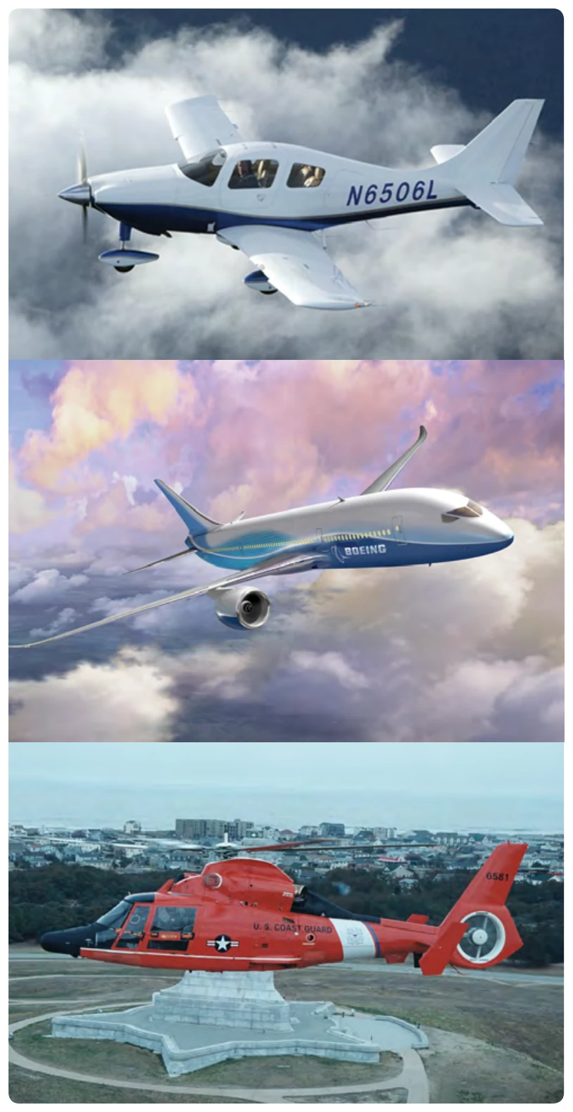Composite materials in aircraft, such as Columbia 350 (top), Boeing 787 (middle), and a Coast Guard HH-65 (bottom).