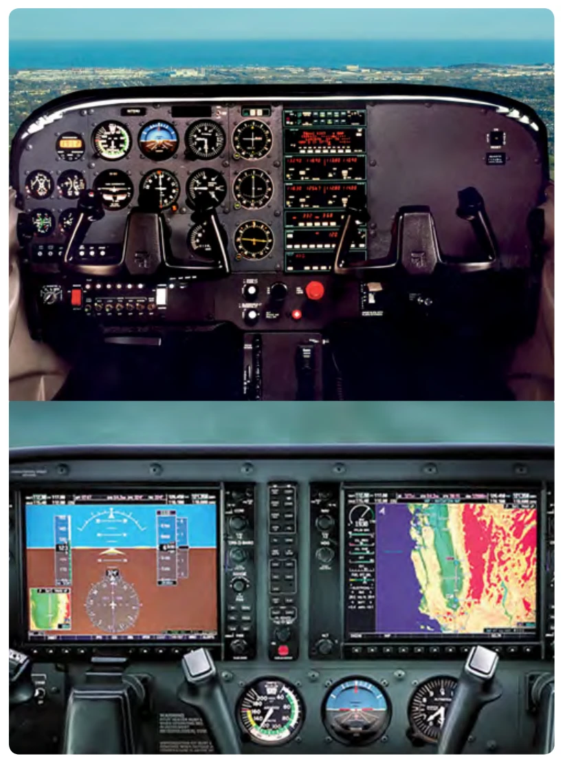 Analog display (top) and digital display (bottom) from a Cessna 172.