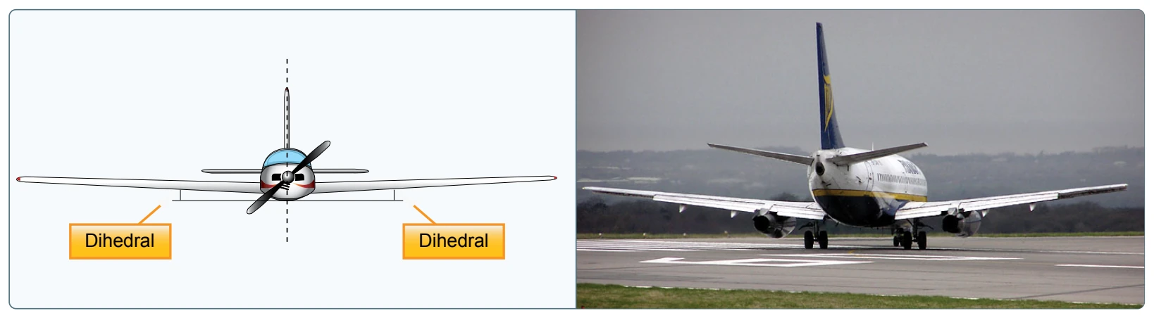 Dihedral is the upward angle of the wings from a horizontal (front/rear view) axis of the plane as shown in the graphic depiction and the rear view of a Ryanair Boeing 737.