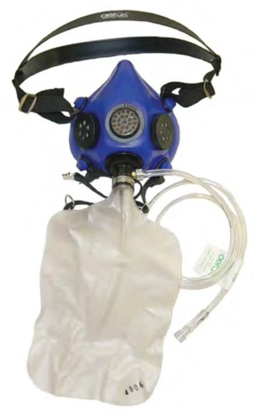 Continuous flow mask and rebreather bag.