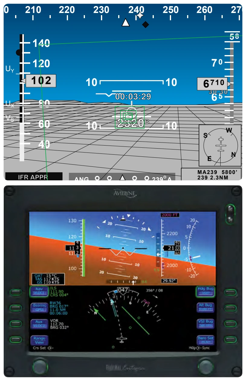 Chelton’s FlightLogic (top) and Avidyne’s Entegra (bottom) are examples of panel displays that are configurable.