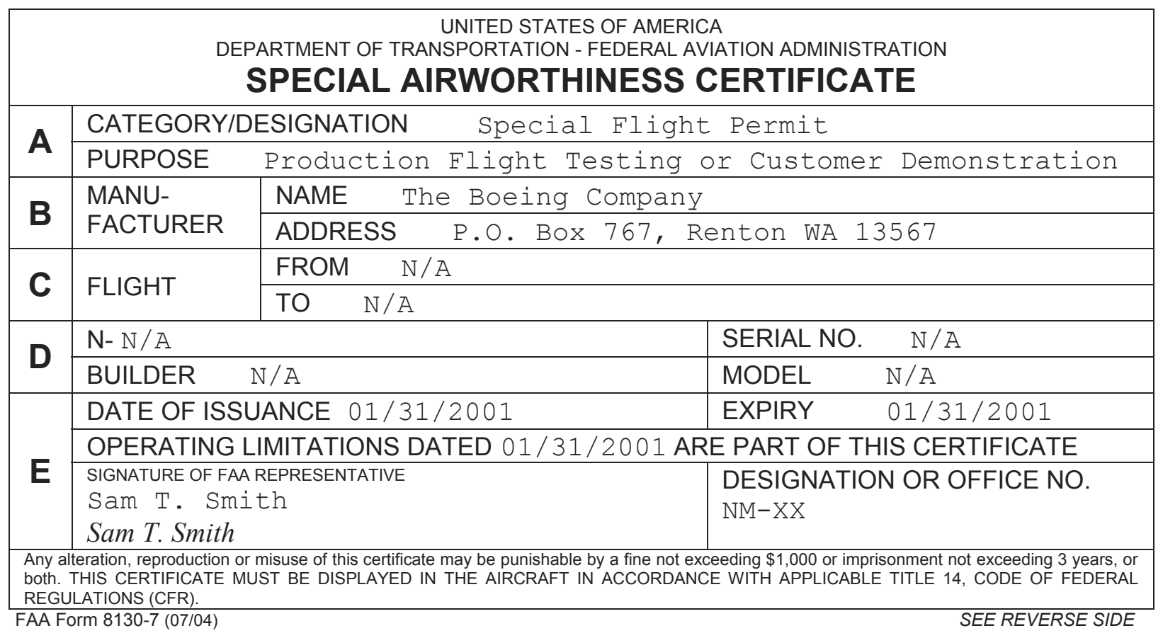 FAA Form 8130-7, Special Airworthiness Certificate.