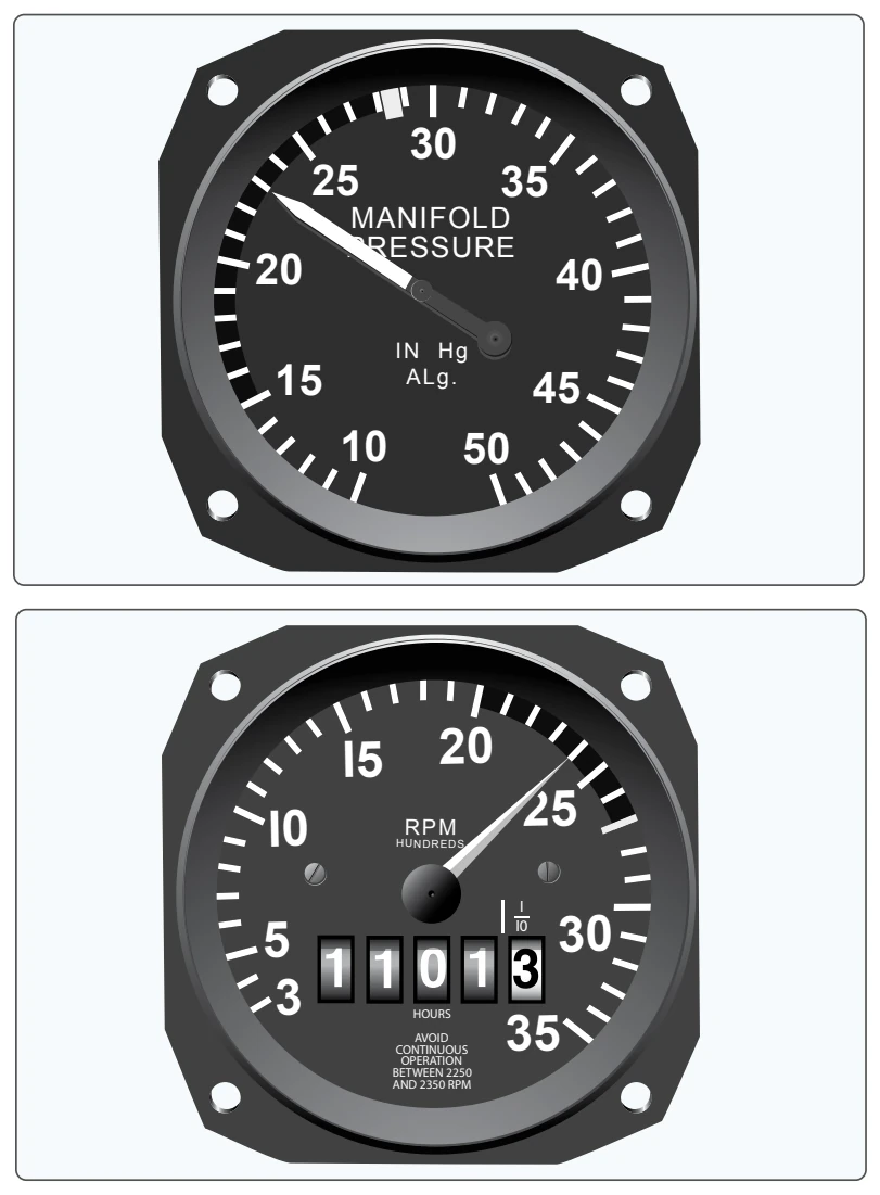 Manifold pressure gauge (top) and tachometer (bottom).