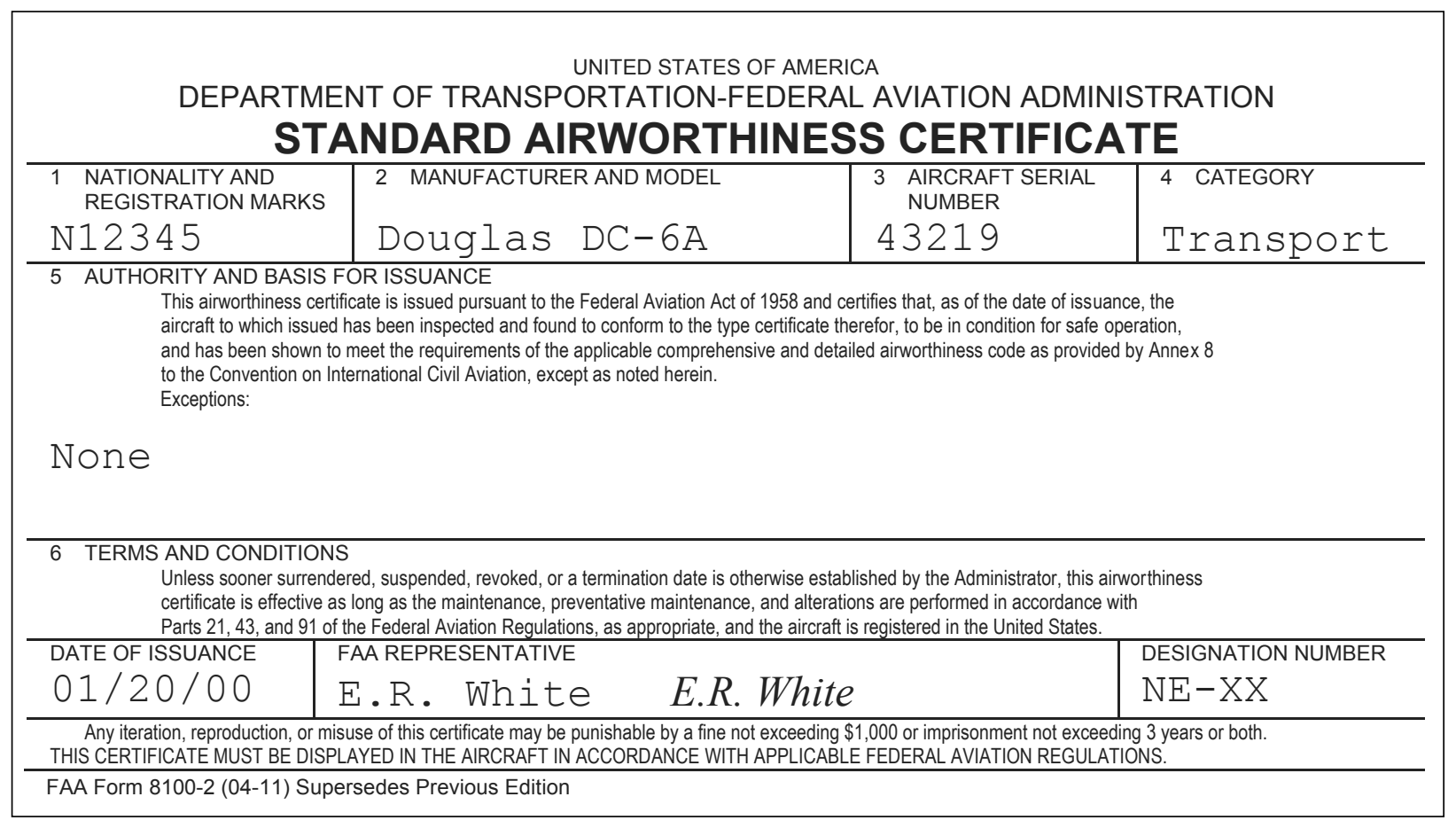 FAA Form 8100-2, Standard Airworthiness Certificate.